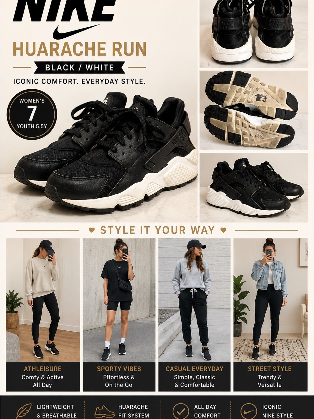 Nike Women's Huarache Run Black/White Sneakers 5.5Y